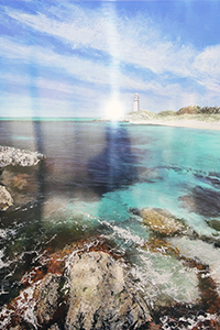 A painting of Rottnest Island looking out to the ocean with rocks in the foreground.