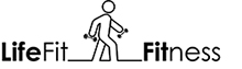 Text reads LifeFit-Fitness. There is a line drawing of a person holding hand weights