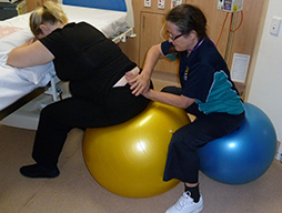 A woman sits on a fitball and leans onto a bed for support. Another women behind her, also seated on a fitball, has placed two open hands on the base of the first women's spince