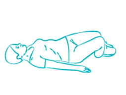 Line drawing of a person laying on their back with their feet on the floor and with knees bent and rolled to the side