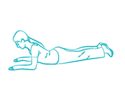 Line drawing of a person laying on their stomach and gently lifting their forearms to arch the base of their back